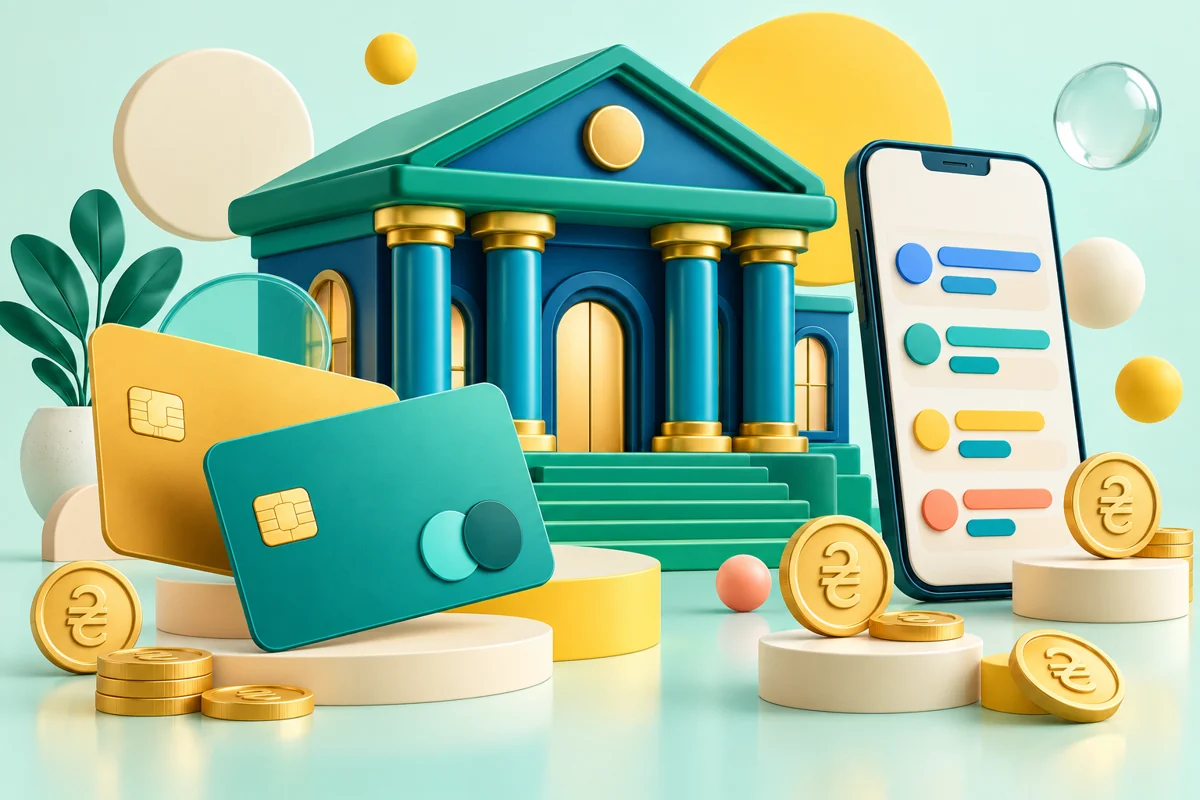Ілюстрація вибору банківського продукту: банк, смартфон і платіжні картки